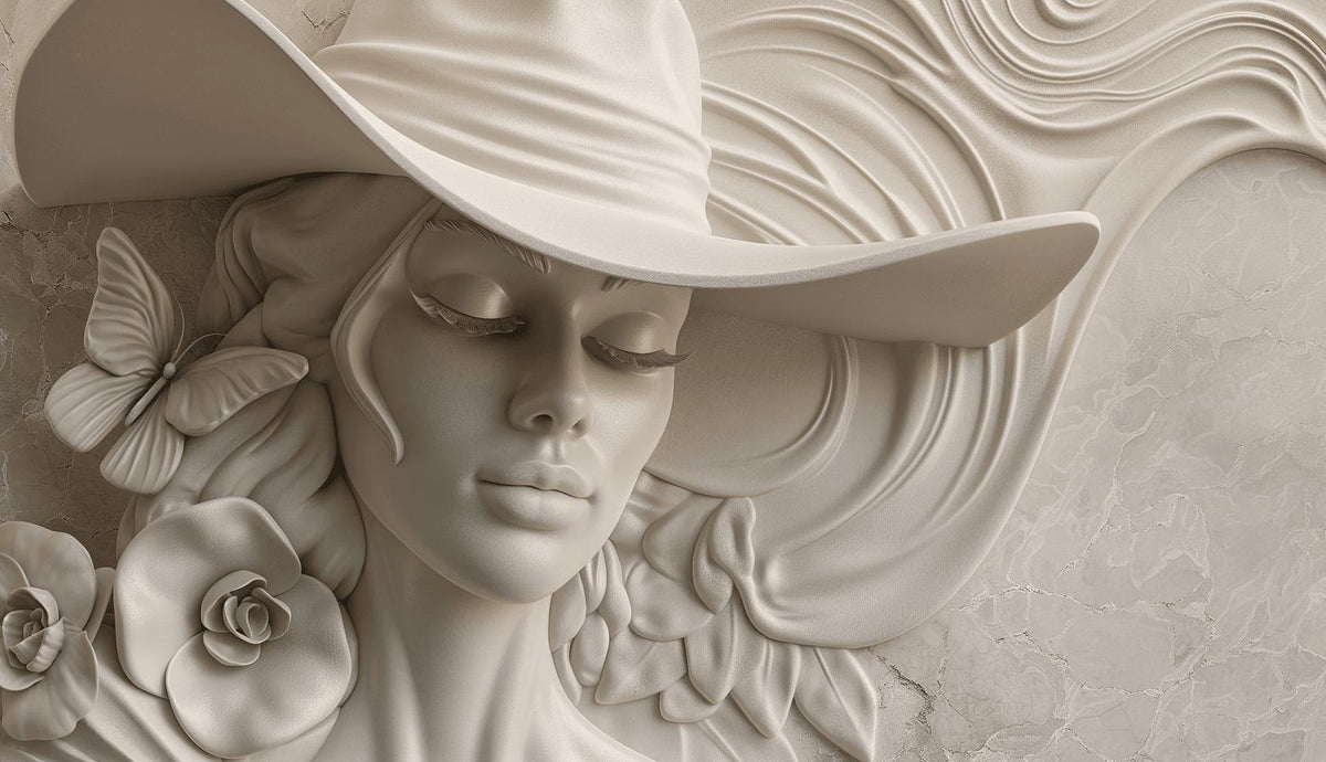 Papier peint trompe-l'œil sculpture femme au chapeau