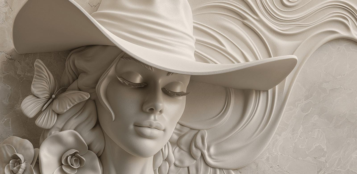 Papier peint trompe-l'œil sculpture femme au chapeau