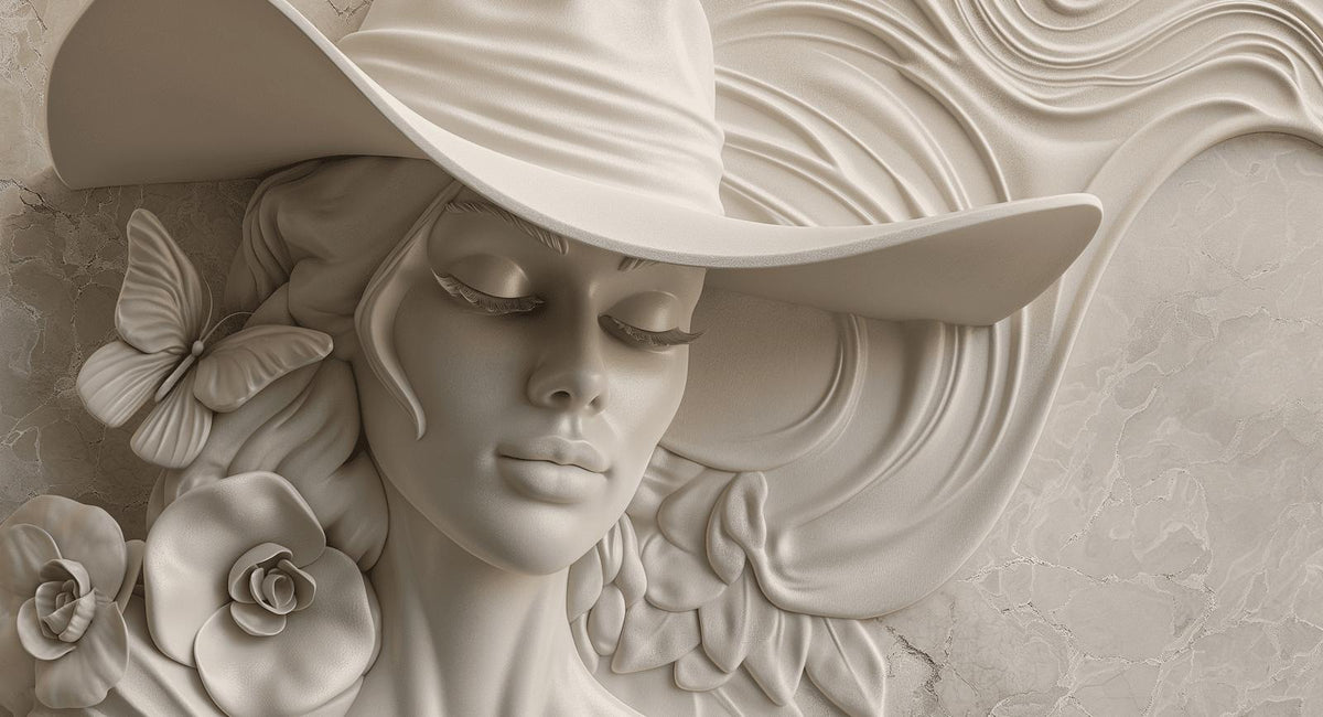 Papier peint trompe-l'œil sculpture femme au chapeau