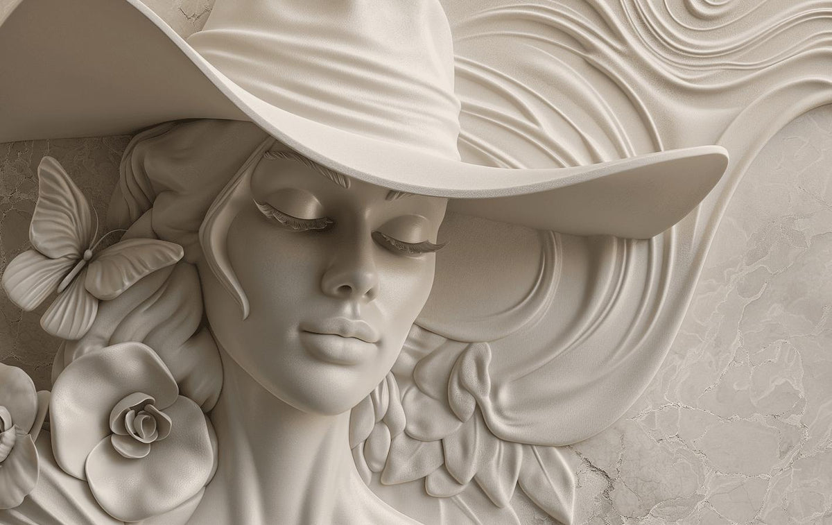 Papier peint trompe-l'œil sculpture femme au chapeau