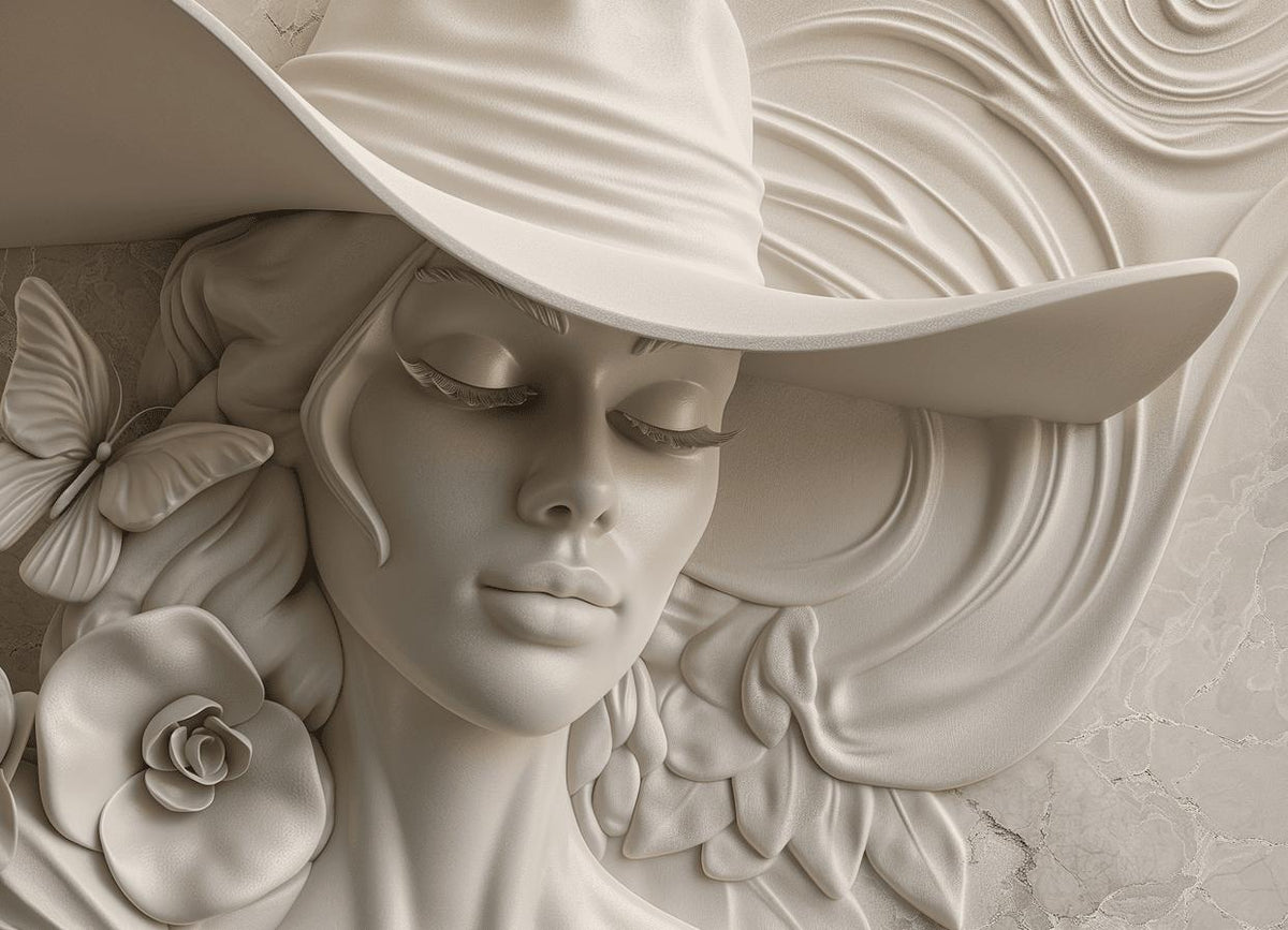 Papier peint trompe-l'œil sculpture femme au chapeau