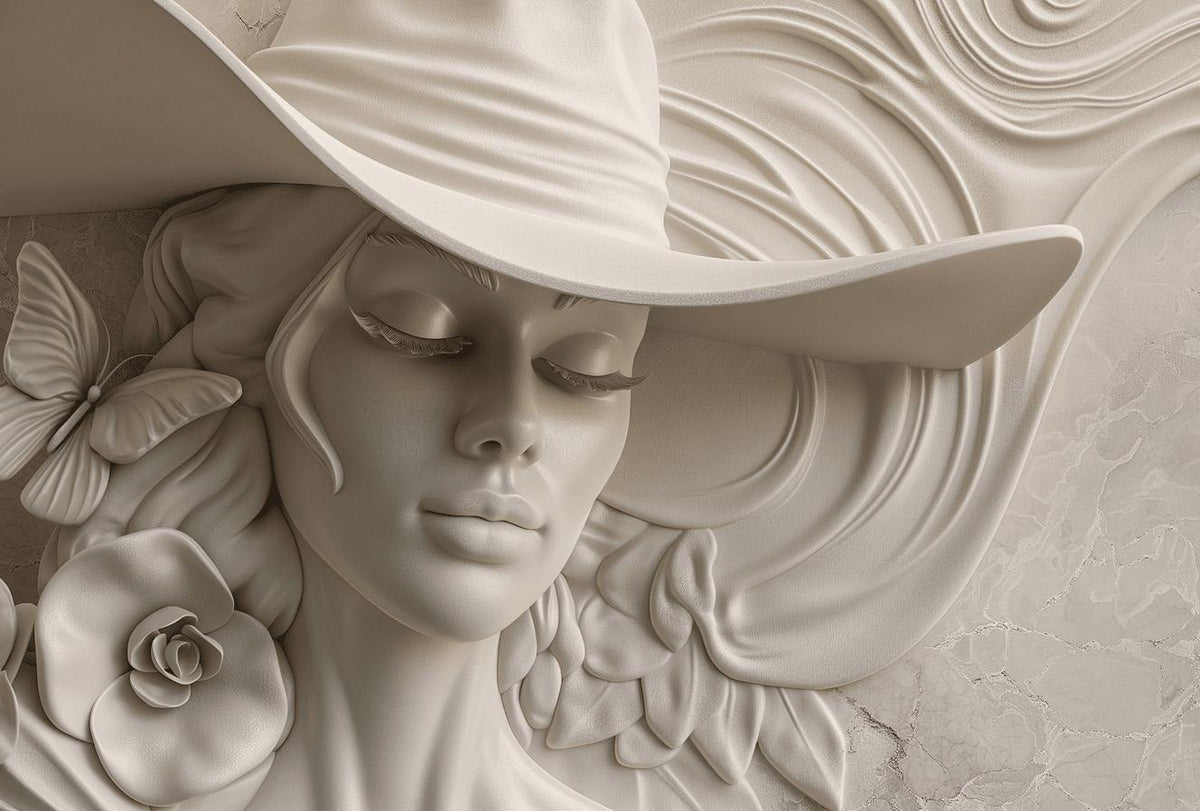 Papier peint trompe-l'œil sculpture femme au chapeau