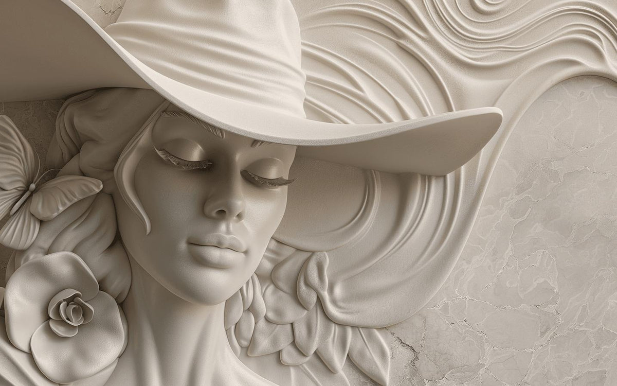 Papier peint trompe-l'œil sculpture femme au chapeau