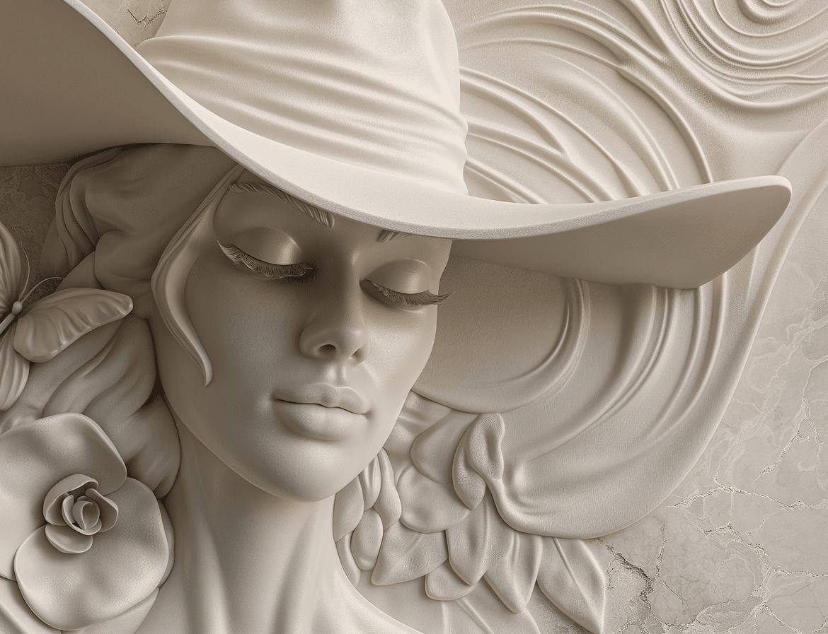 Papier peint trompe-l'œil sculpture femme au chapeau