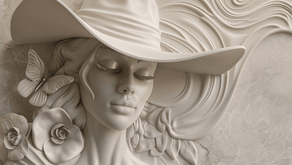 Papier peint trompe-l'œil sculpture femme au chapeau