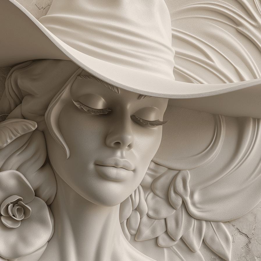 Papier peint trompe-l'œil sculpture femme au chapeau