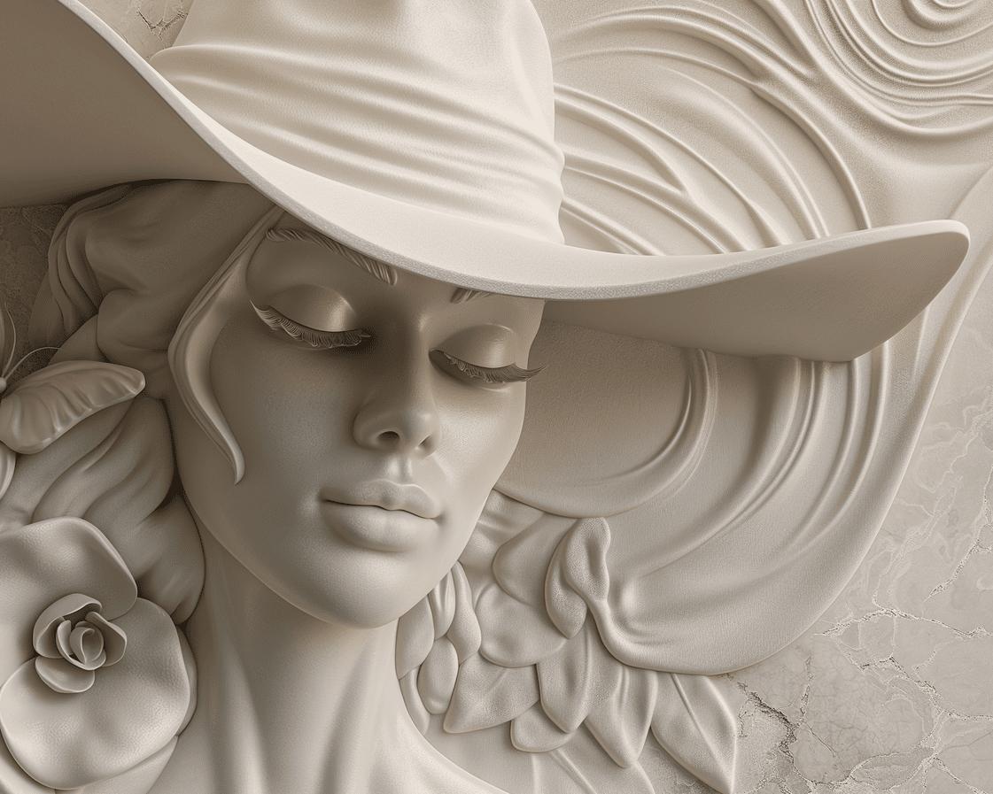 Papier peint trompe-l'œil sculpture femme au chapeau