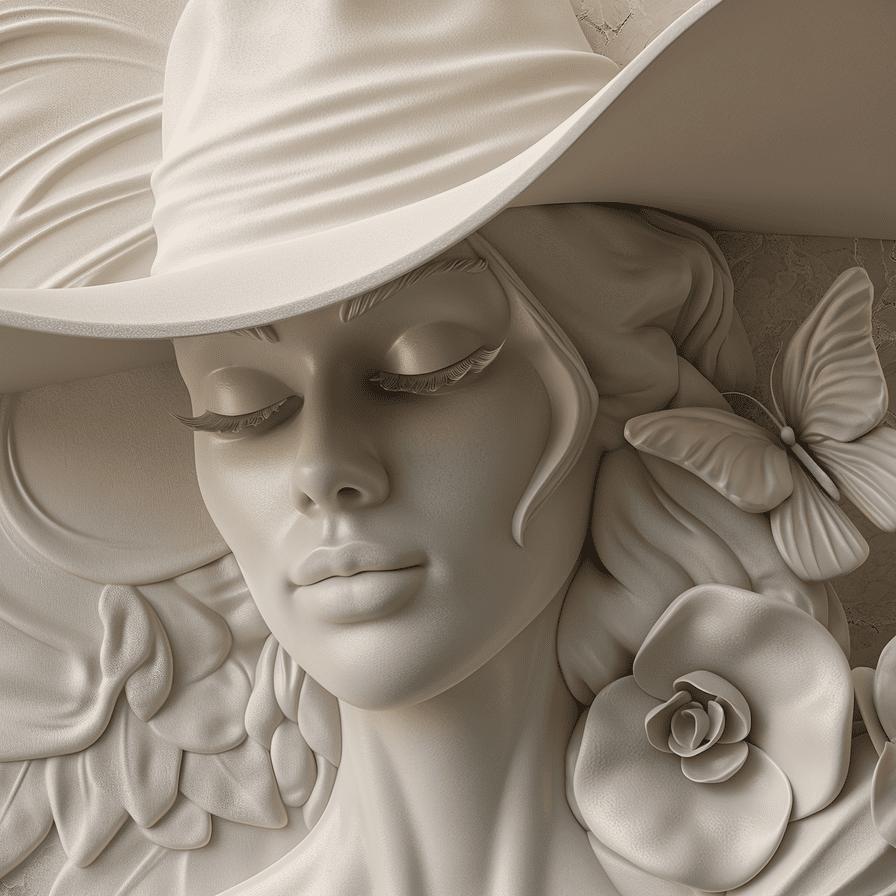 Papier peint trompe-l'œil sculpture femme au chapeau
