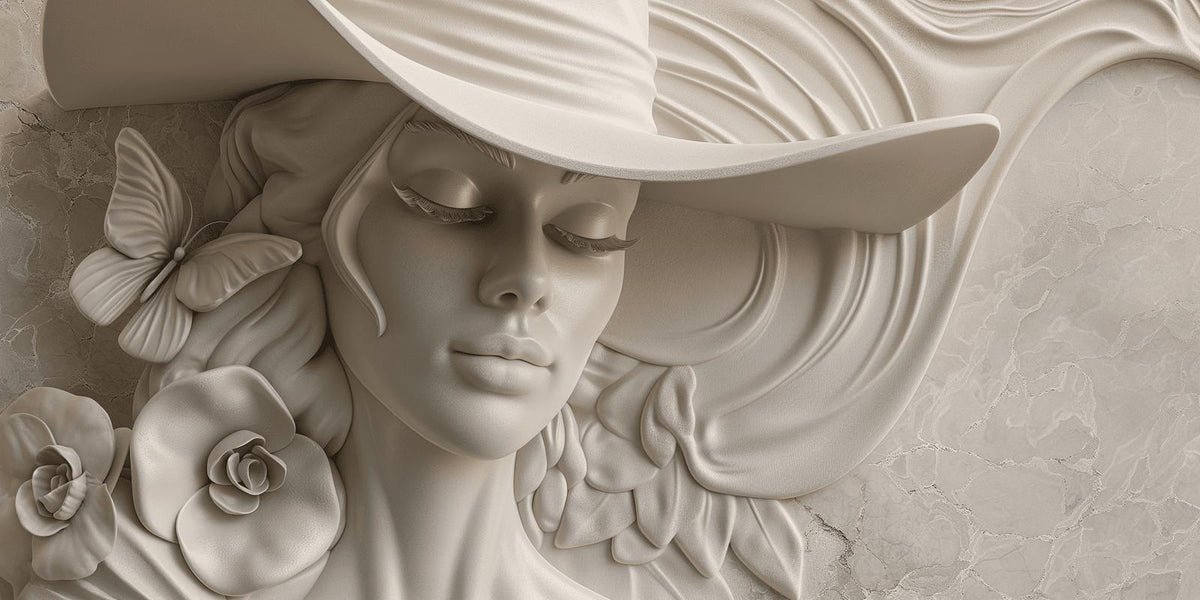 Papier peint trompe-l'œil sculpture femme au chapeau
