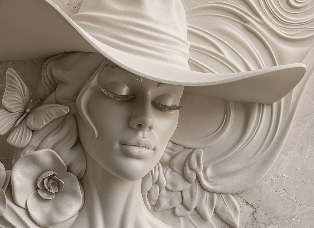Papier peint trompe-l'œil sculpture femme au chapeau
