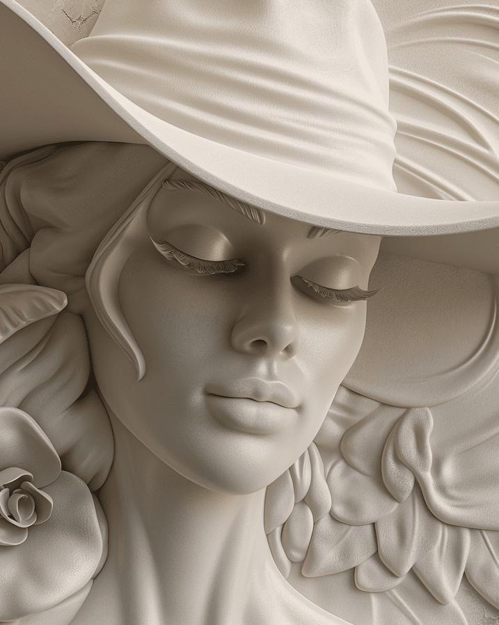 Papier peint trompe-l'œil sculpture femme au chapeau