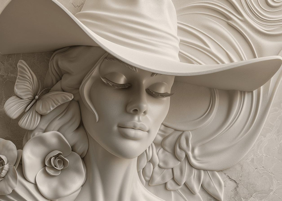 Papier peint trompe-l'œil sculpture femme au chapeau