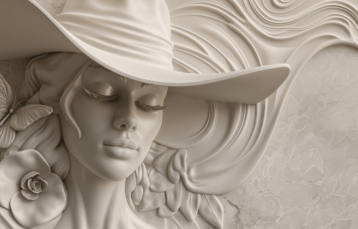 Papier peint trompe-l'œil sculpture femme au chapeau
