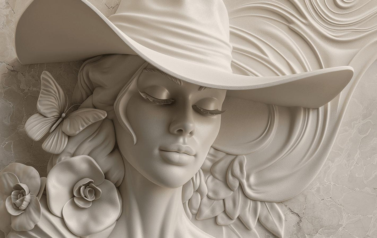 Papier peint trompe-l'œil sculpture femme au chapeau