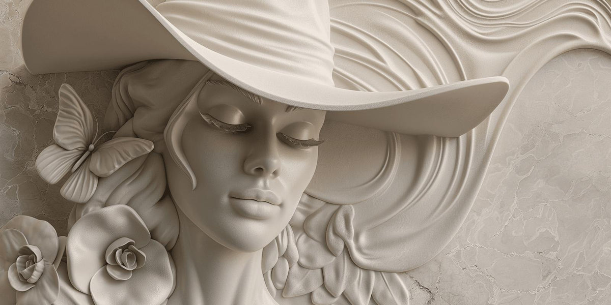 Papier peint trompe-l'œil sculpture femme au chapeau