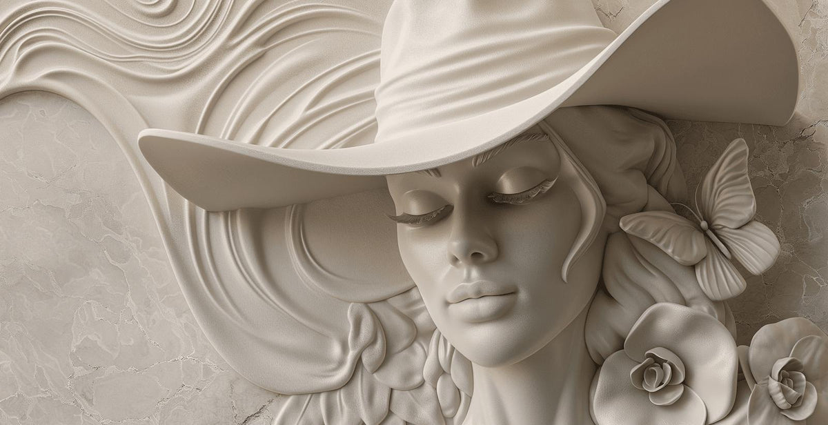Papier peint trompe-l'œil sculpture femme au chapeau