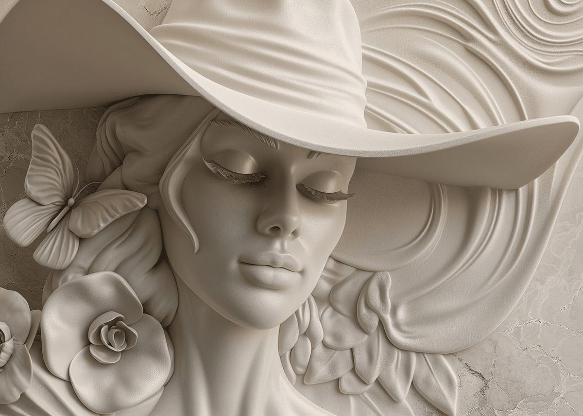 Papier peint trompe-l'œil sculpture femme au chapeau