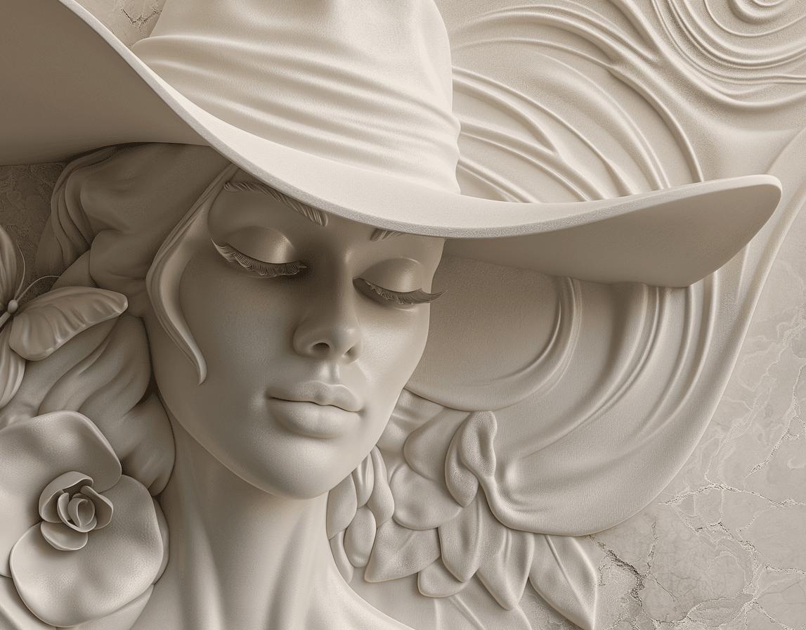 Papier peint trompe-l'œil sculpture femme au chapeau