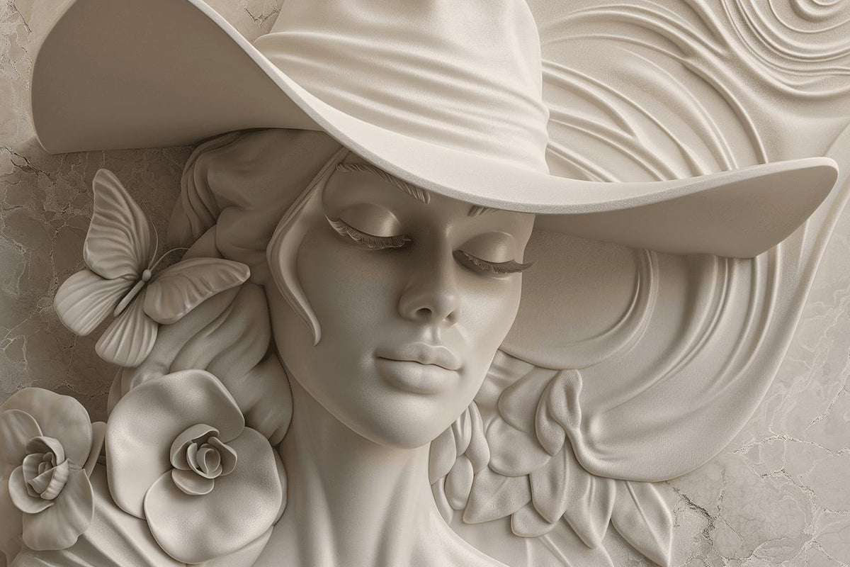 Papier peint trompe-l'œil sculpture femme au chapeau