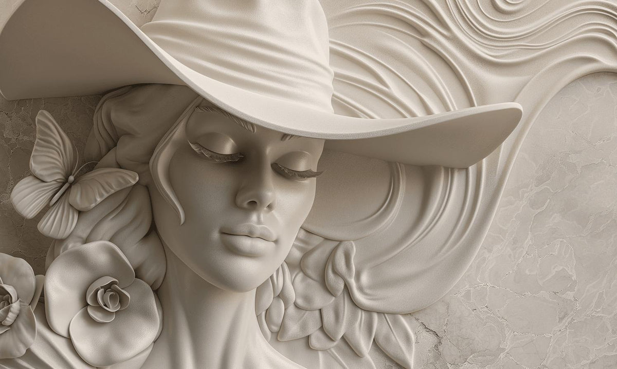 Papier peint trompe-l'œil sculpture femme au chapeau