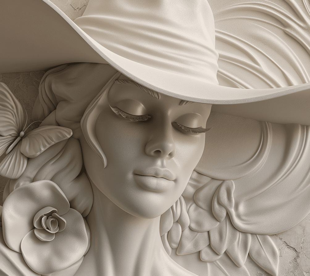 Papier peint trompe-l'œil sculpture femme au chapeau