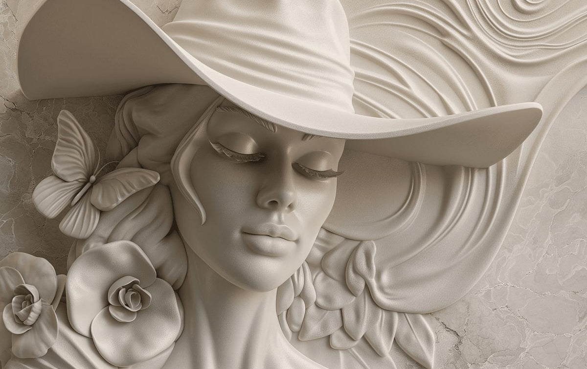 Papier peint trompe-l'œil sculpture femme au chapeau
