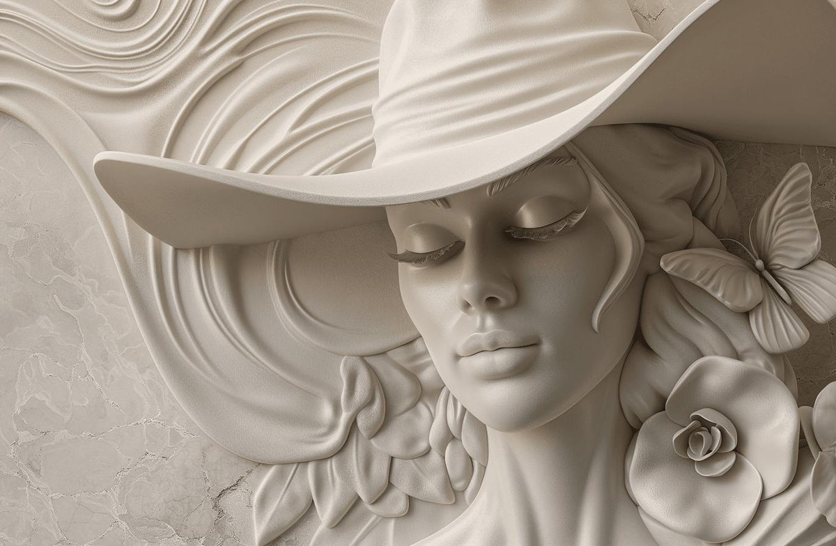Papier peint trompe-l'œil sculpture femme au chapeau