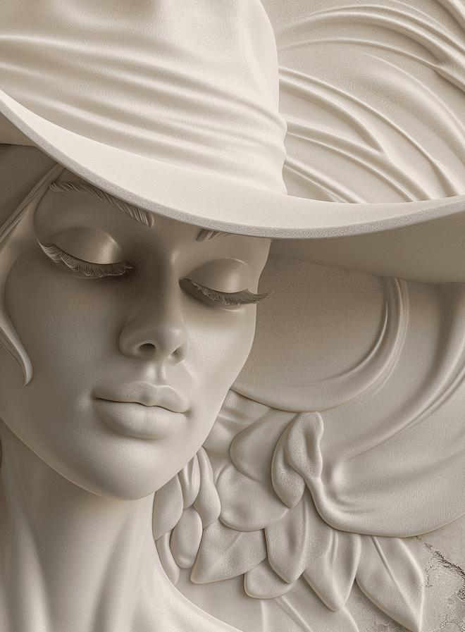 Papier peint trompe-l'œil sculpture femme au chapeau