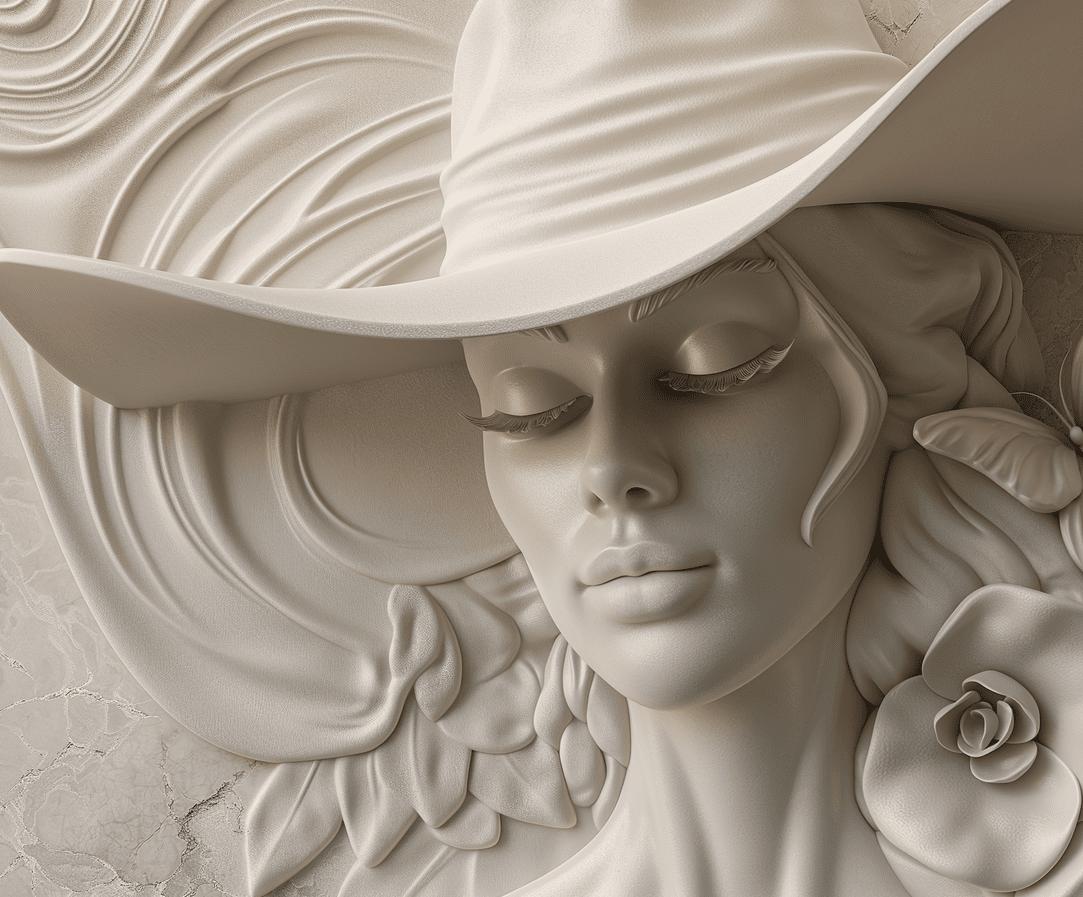 Papier peint trompe-l'œil sculpture femme au chapeau