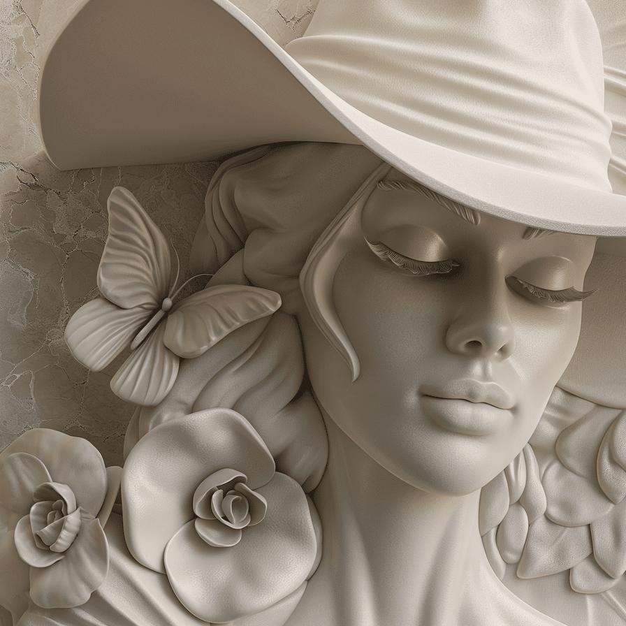 Papier peint trompe-l'œil sculpture femme au chapeau