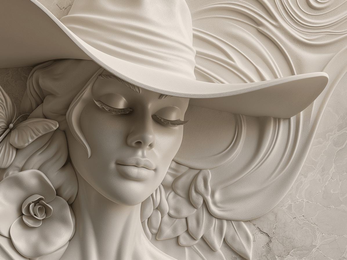 Papier peint trompe-l'œil sculpture femme au chapeau