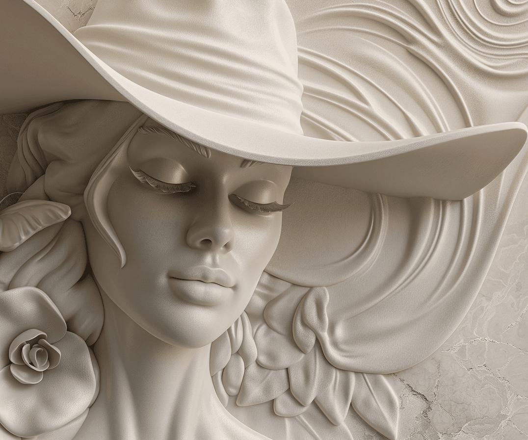 Papier peint trompe-l'œil sculpture femme au chapeau