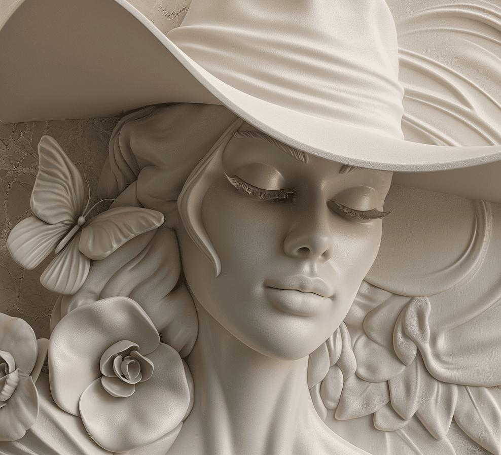 Papier peint trompe-l'œil sculpture femme au chapeau