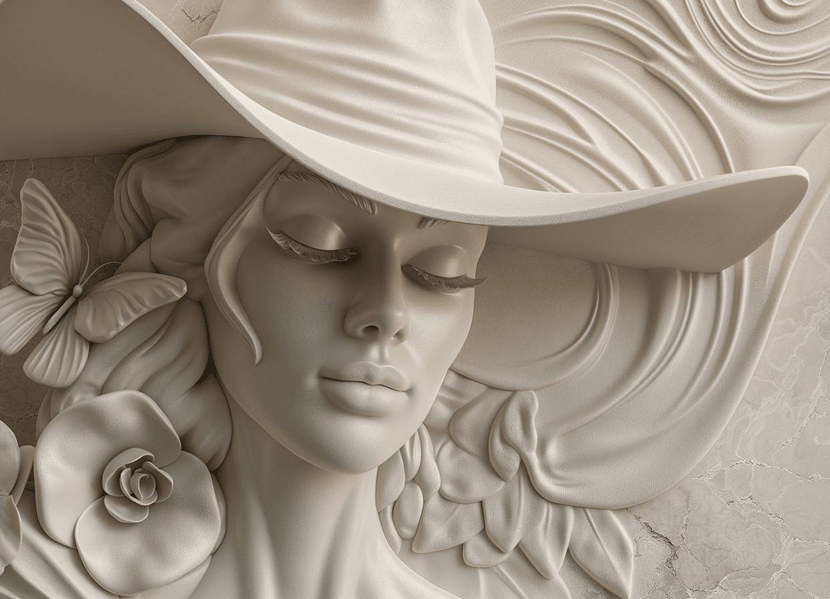 Papier peint trompe-l'œil sculpture femme au chapeau