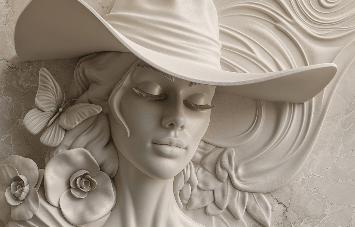 Papier peint trompe-l'œil sculpture femme au chapeau