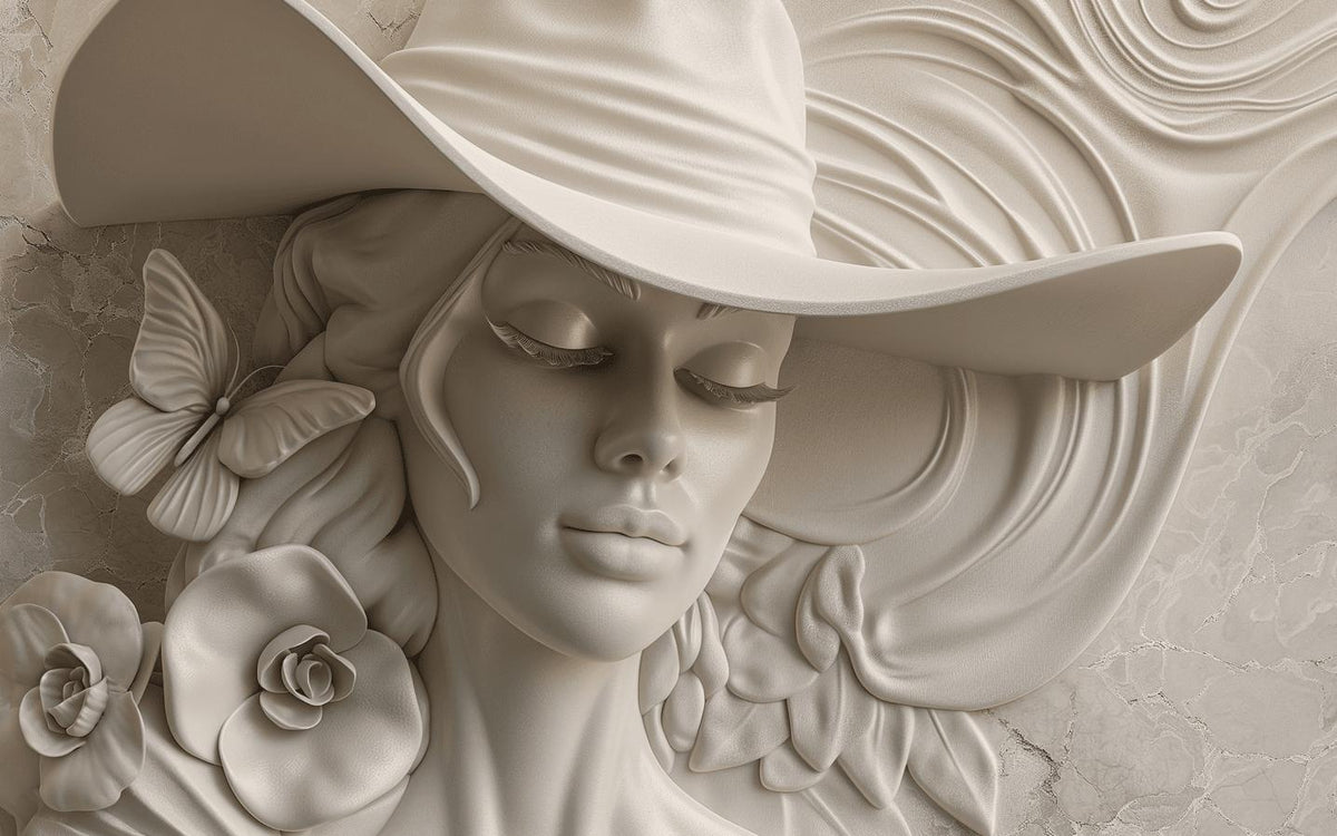 Papier peint trompe-l'œil sculpture femme au chapeau