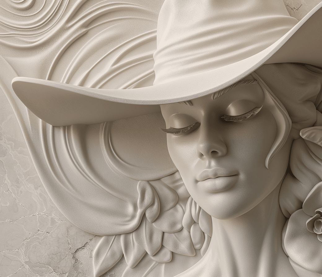 Papier peint trompe-l'œil sculpture femme au chapeau