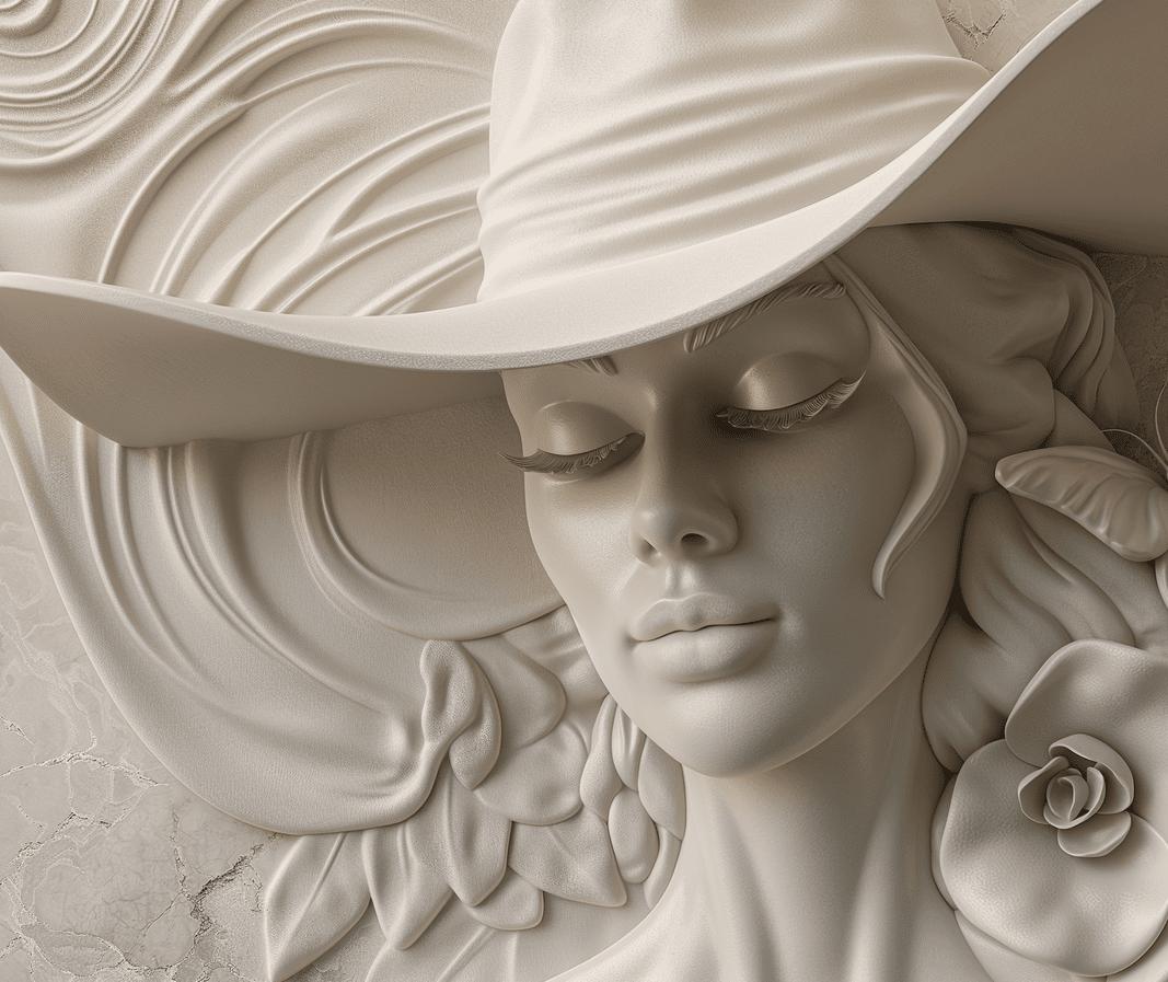 Papier peint trompe-l'œil sculpture femme au chapeau