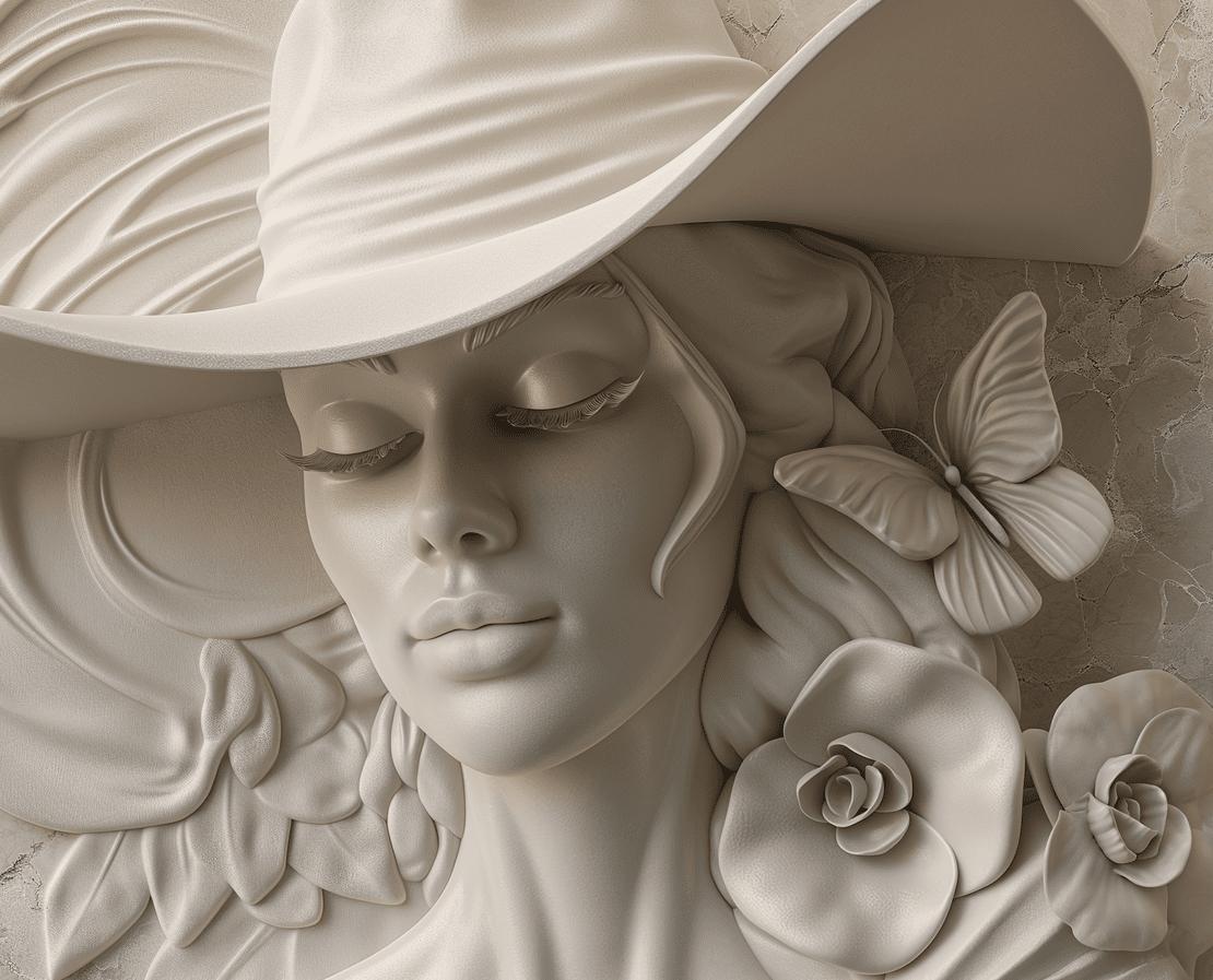 Papier peint trompe-l'œil sculpture femme au chapeau