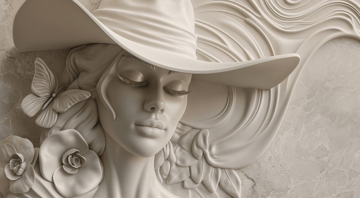 Papier peint trompe-l'œil sculpture femme au chapeau