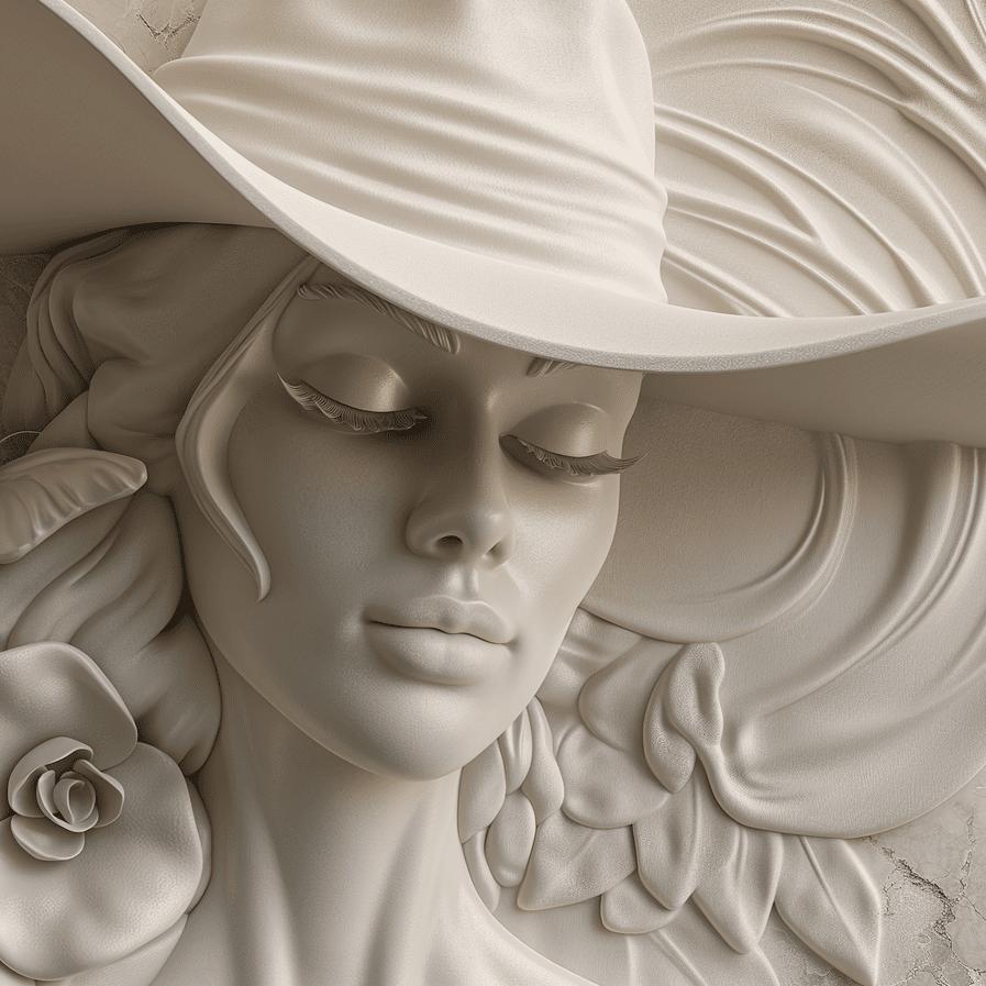 Papier peint trompe-l'œil sculpture femme au chapeau