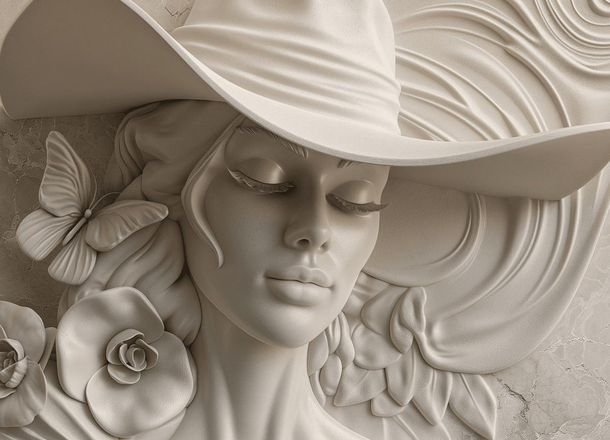 Papier peint trompe-l'œil sculpture femme au chapeau