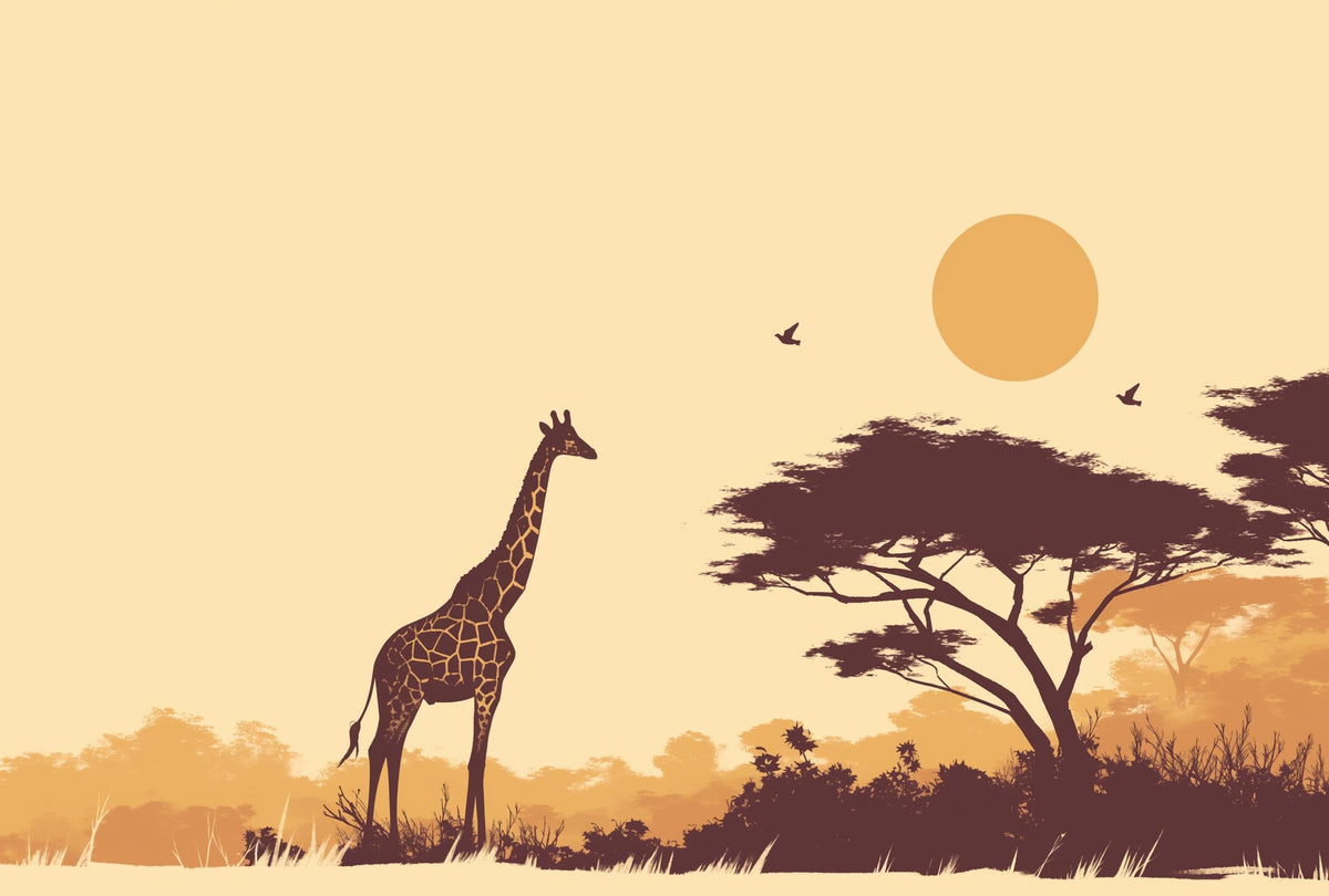 Papier peint girafe coucher de soleil savane