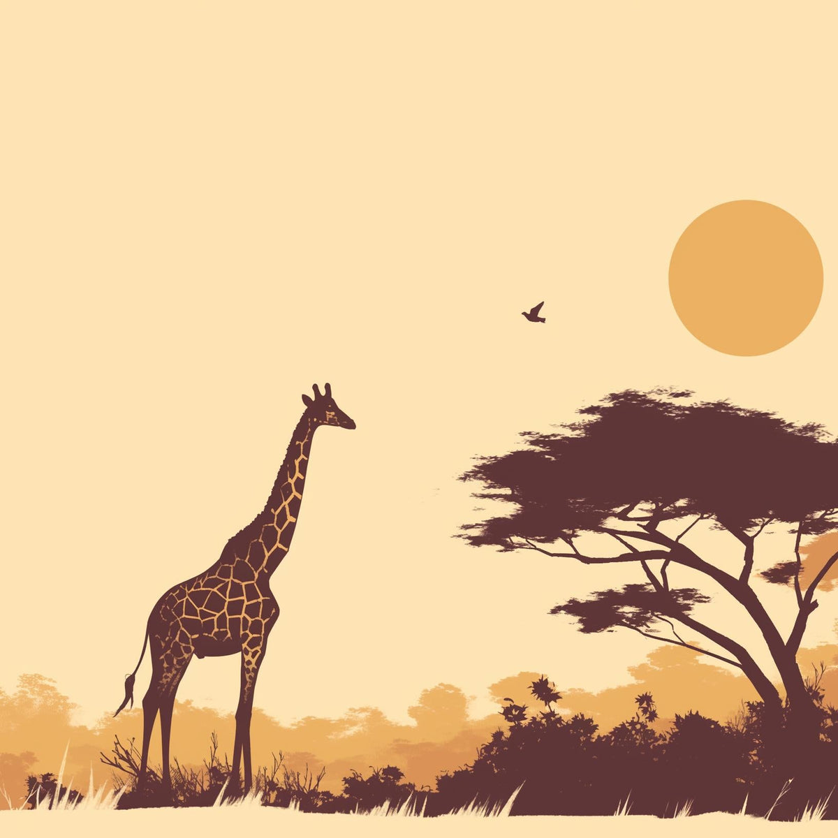 Papier peint girafe coucher de soleil savane