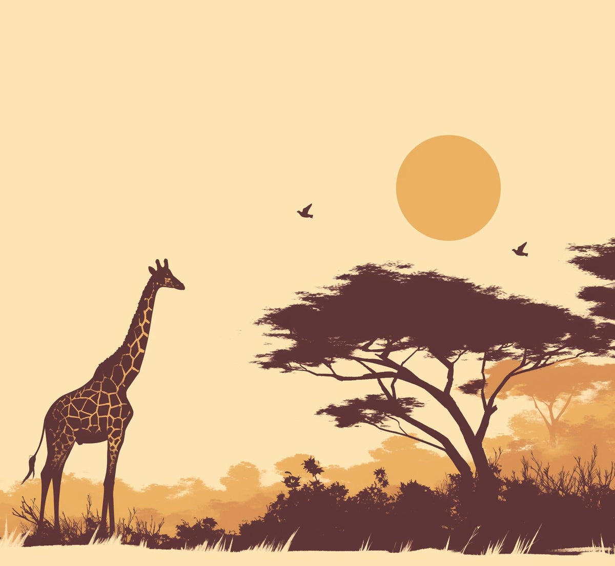 Papier peint girafe coucher de soleil savane