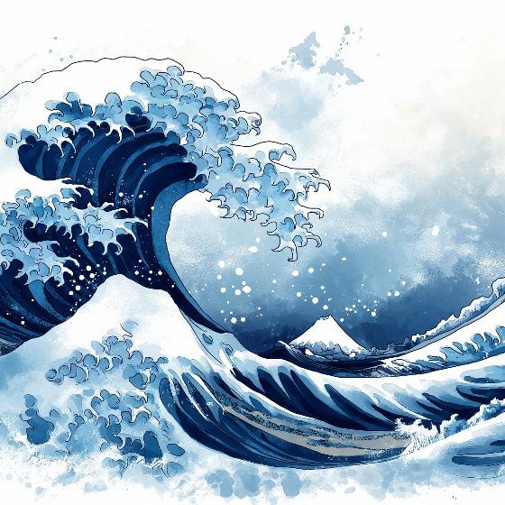 Papier peint vague japonaise bleu et blanc