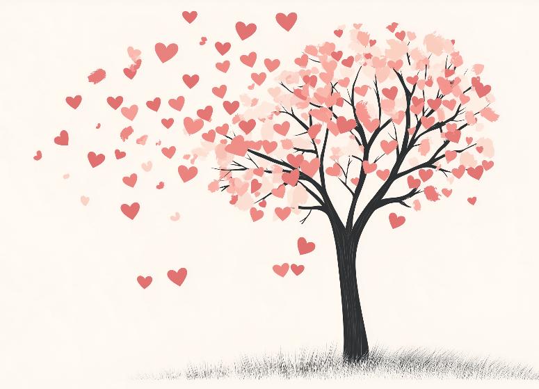 Papier peint arbre en cœurs romantique