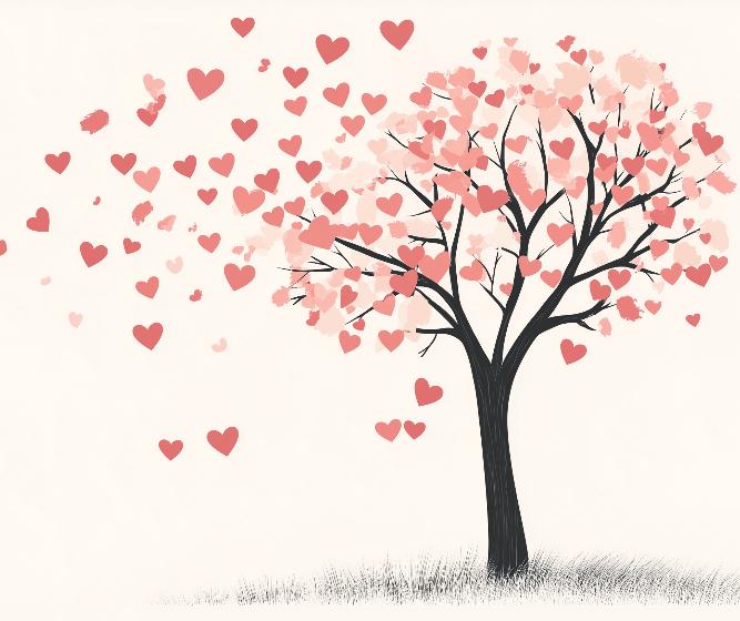 Papier peint arbre en cœurs romantique