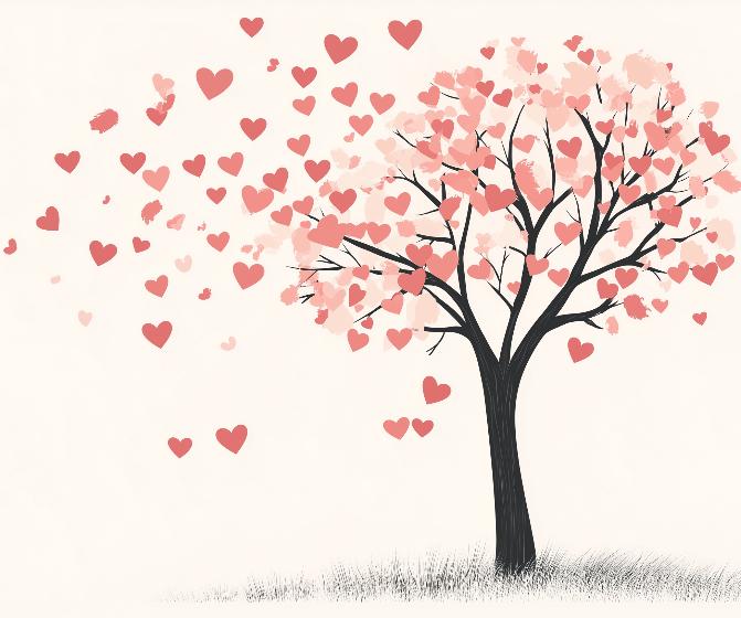 Papier peint arbre en cœurs romantique