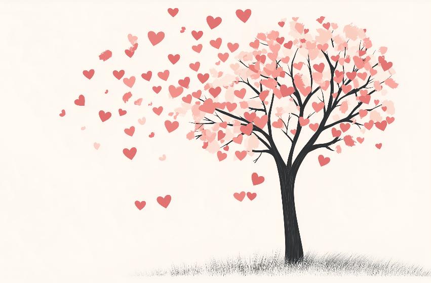 Papier peint arbre en cœurs romantique